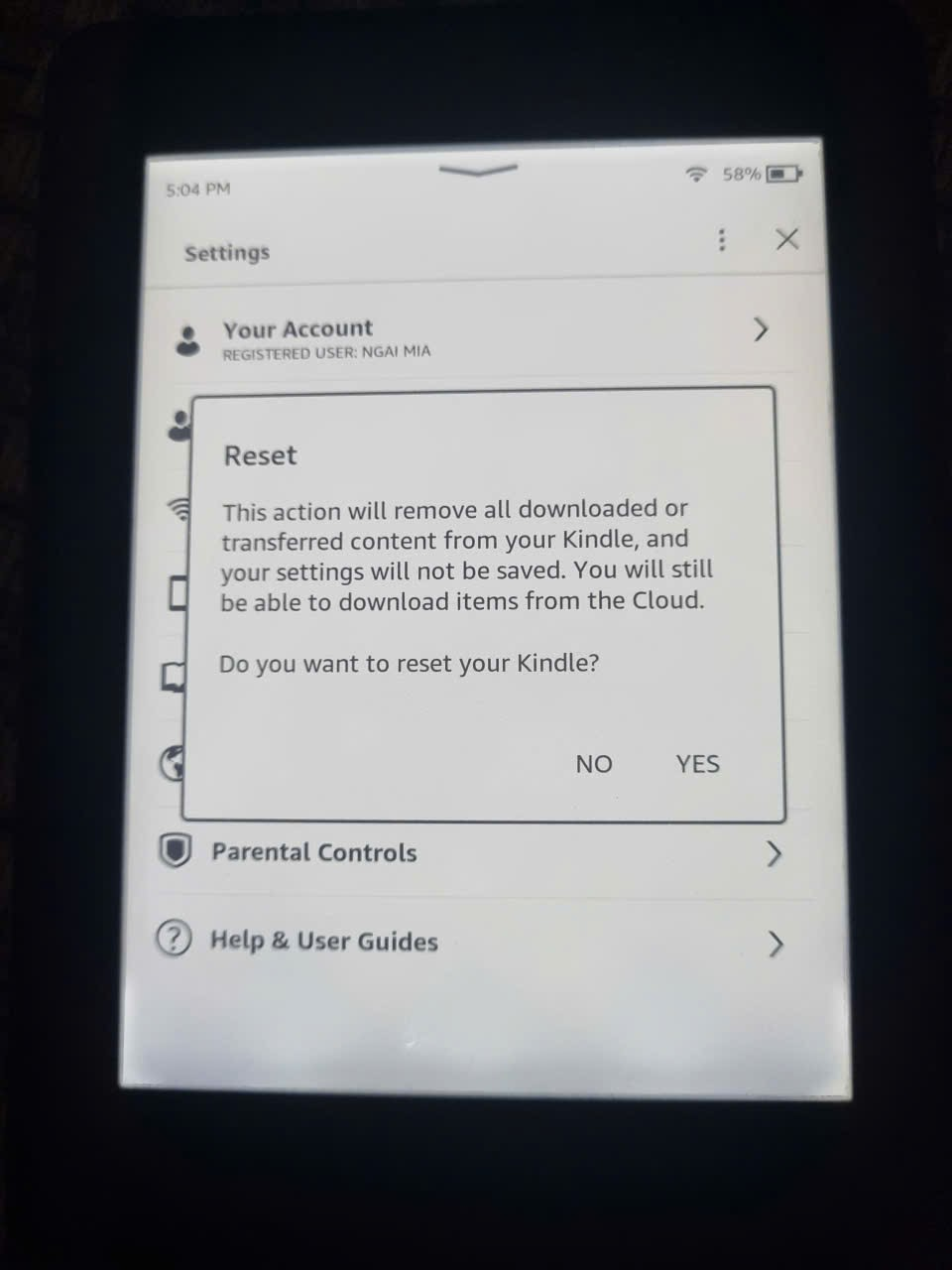 Resetting the kindle